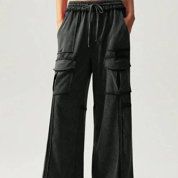 Black Casual Women's Vacation Knit Pockets Wide Leg Pants - Picture 5 of 8